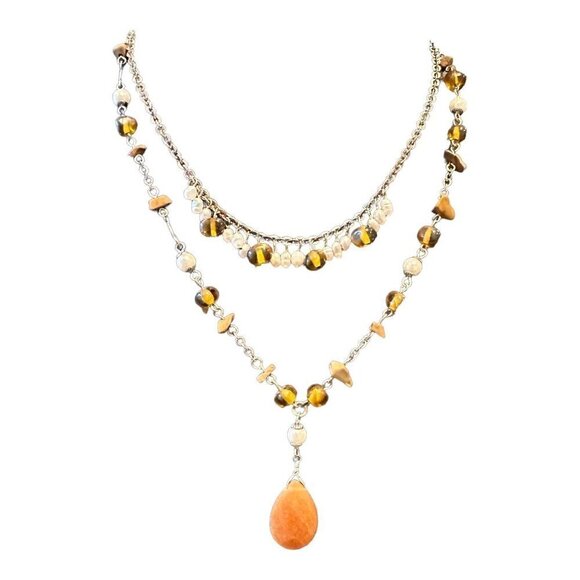 AVON Earthtone Pearlesque Multi-Strand Necklace Silvertone Stone Glass Brown 15" - Picture 2 of 16